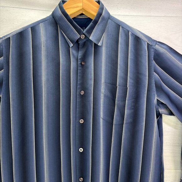 Tommy Bahama Mens Large 100% Silk Shirt Blue Black Stripe Washable Button Down - Picture 4 of 13